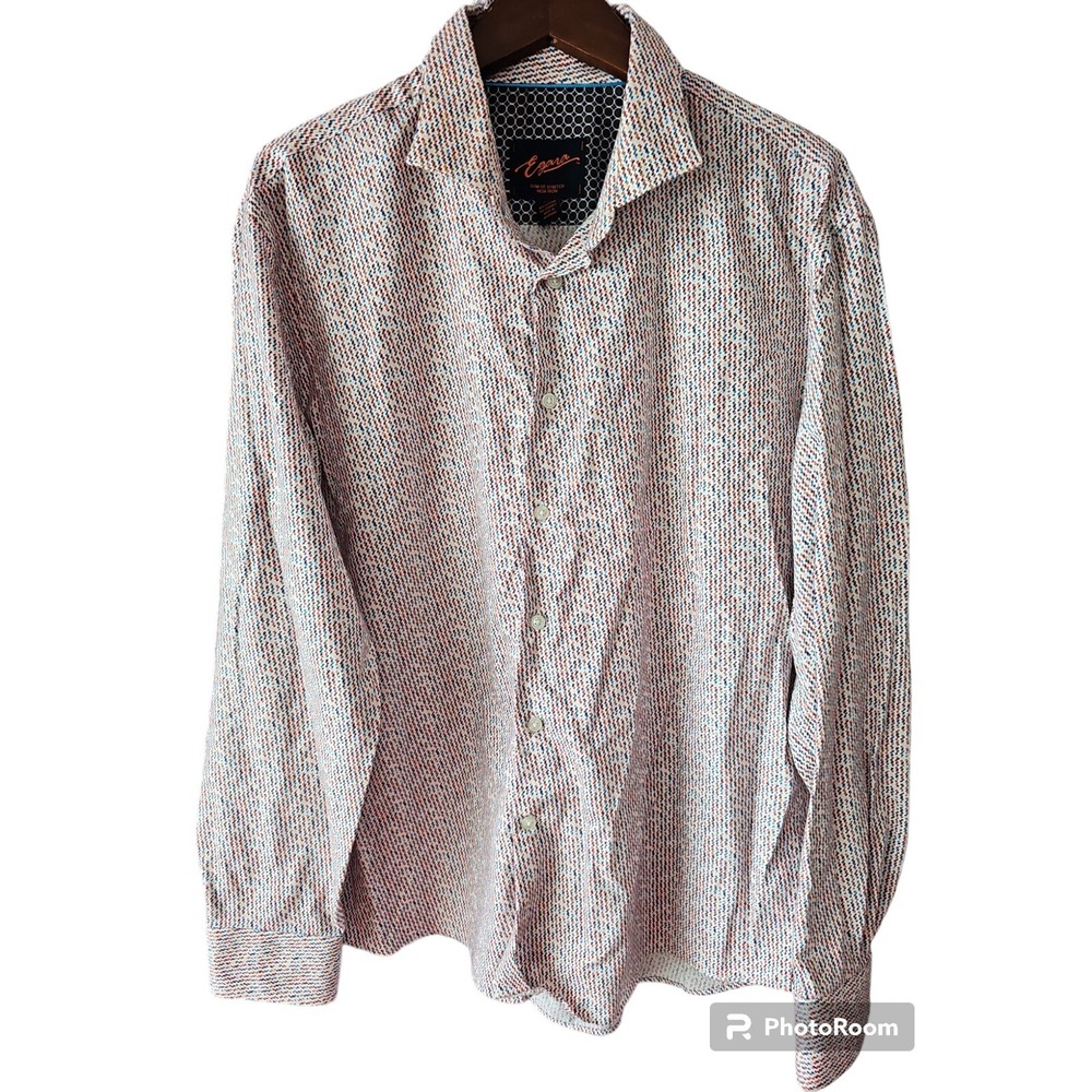 EGARA Multicolor‎ Geometric Print Long Sleeve Slim Fit Stretch Collar Shirt XL